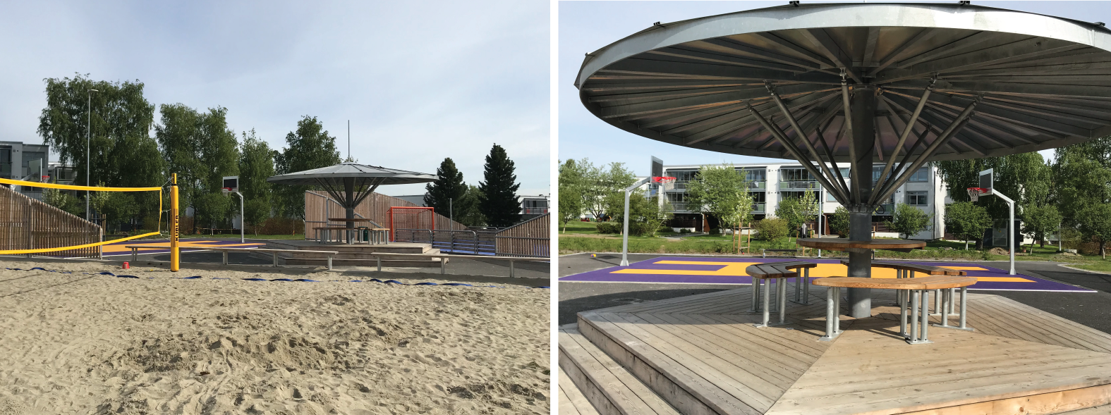 Åpen plass med sandvolleyballbane, basketballbane, ballbinge og sittebenker med tak