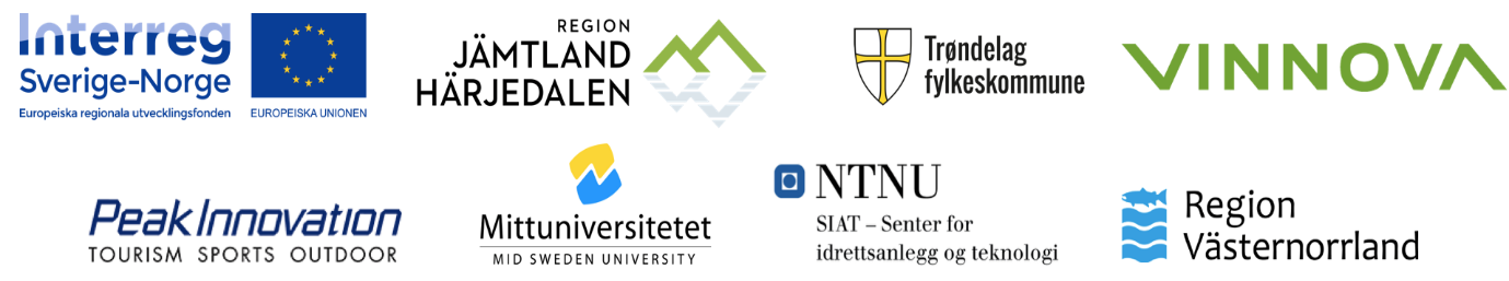 logoer til Interreg Sverige-Norge, EU, Region Jämtland Härjedalen, Trøndelag fylkeskommune, Vinnova, Peak Innovation, Mittuniversitetet, NTNU SIAT og Region Västernorrland
