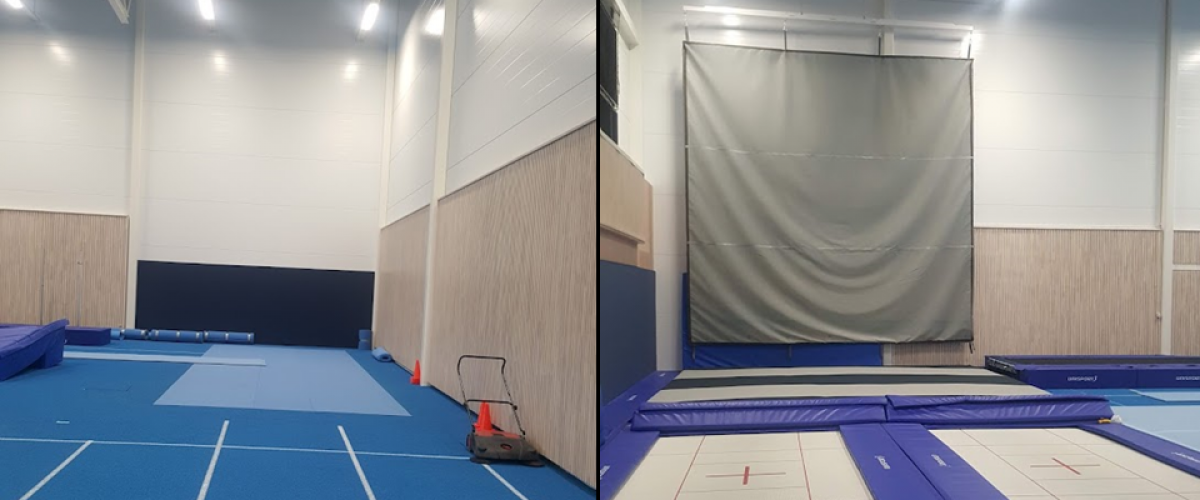 Kollasj av sprintstripa og trampoliner