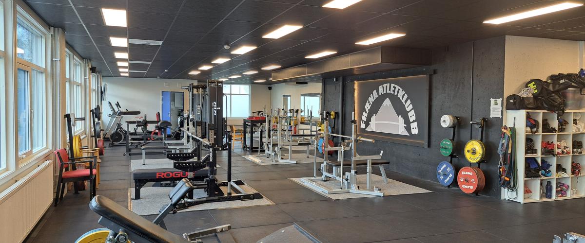 Oversiktsbilde over styrkeløftanlegget, flere styrketreningsapparater og stativer samt stativer til vektskiver.