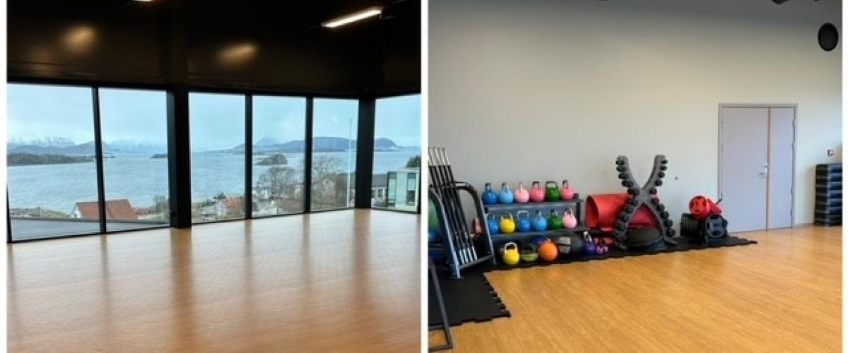 To bilder av aktivitetssalen. Til venstre vises salen med utsikten. Til høyre er utstyr for trening oppsatt.