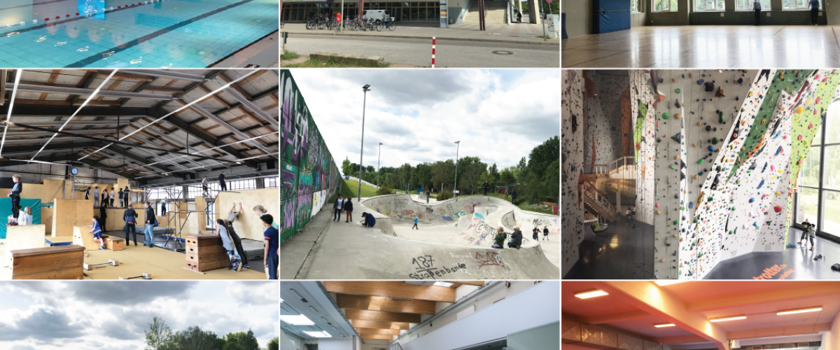 Kollasj av idrettshaller, flerbrukshaller, uteanlegg