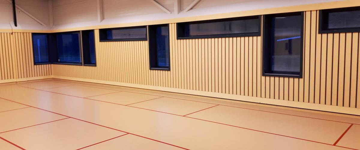 Flere vinduer for dagslys inn i speilsalen. Foto: Gode idrettsanlegg Vinduer i speilsalen.
