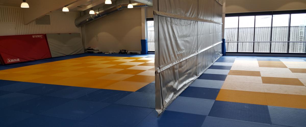 Kampsportanlegg med nedtrekkbar skillevegg