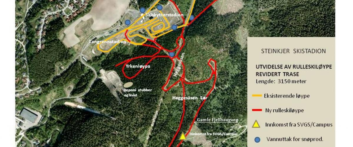 Oversiktsbilde over rulleskiløyper ved Steinkjer Skianlegg.