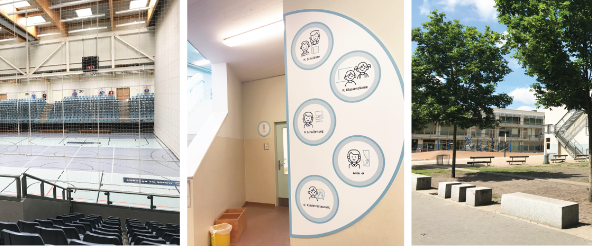 Tre bilder. Innside av idrettshall, merking på vegg for fremkommelighet og utendørsområde