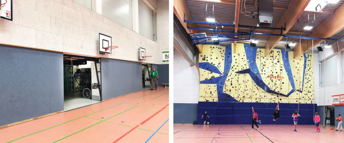 To bilder. Innside av idrettshall med lagerrom og klatrevegg.