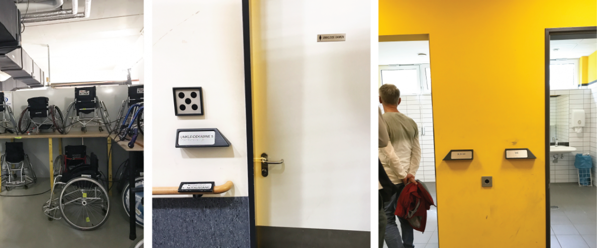 Tre bilder. Lagerrom med rullestoler og skilt utenfor diverse rom. 