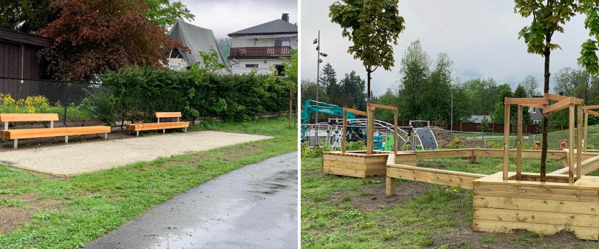 Til venstre: Benker som også passer til trening. Til høyre: Trer og trekonstruksjon som kan balanseres på.