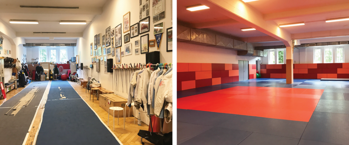 To bilder, ett rom tilrettelagt for fekting med treningsbane, det andre kampsport generelt med matter.