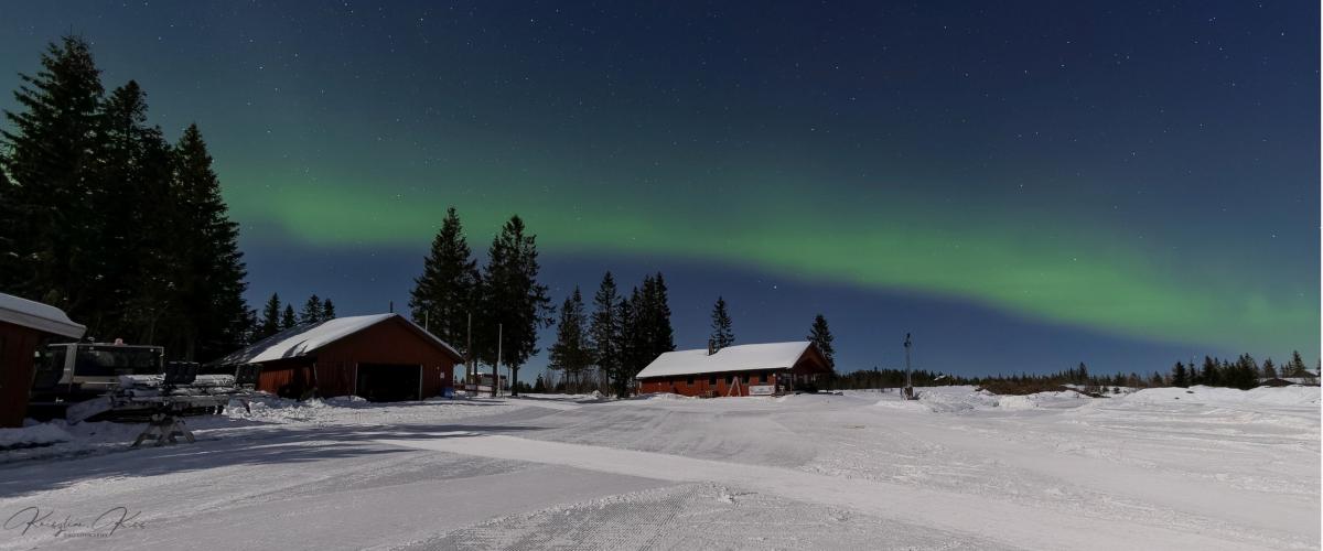 Hamar Trekkhundklubb har bygget et eget klubbhus, hovedsakelig realisert gjennom dugnad. Foto: Kriztian Roland Bilde av Gåsbu hundekjøreranlegg med nordlys i bakgrunnen.
