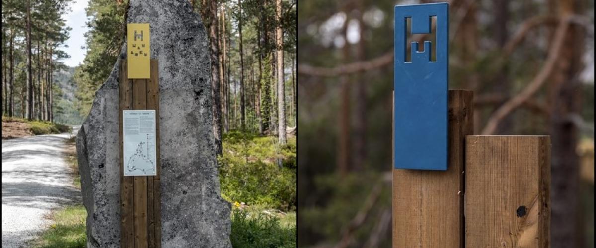 Kollasj som viser informasjonsskilt og turvegmerking