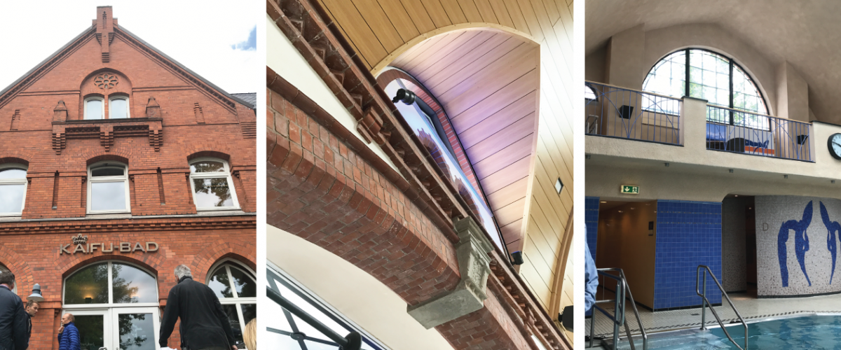 Tre bilder av badeanlegg. Fasade i mur og innside. 