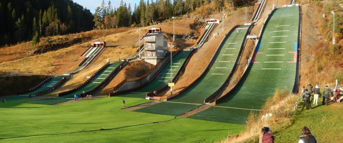 5 hoppbakker i varierende størrelser med grønt plastdekke