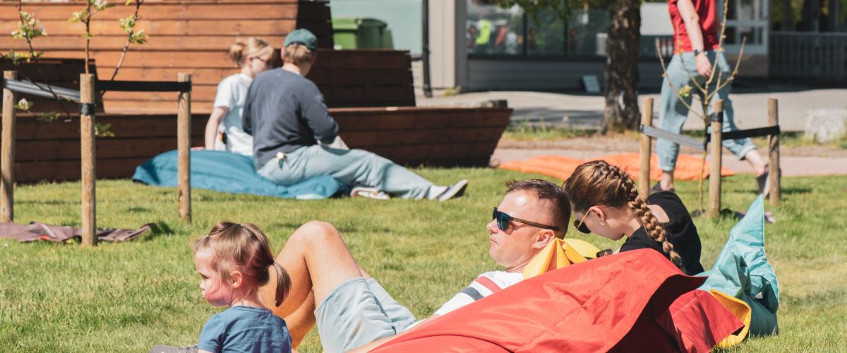 Bilde tatt under Lierdagene 2023: folk som slapper av på gressplenen .