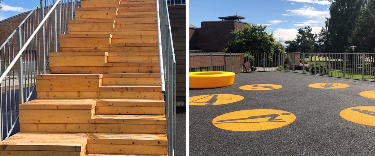 Kollasj av trapper opp til overbygg og platået på overbygget som kan brukes som treningsareal