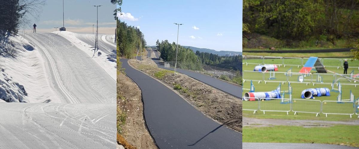 Tre bilder. Skiløype, rulleskiløype, og agilitybane til hund