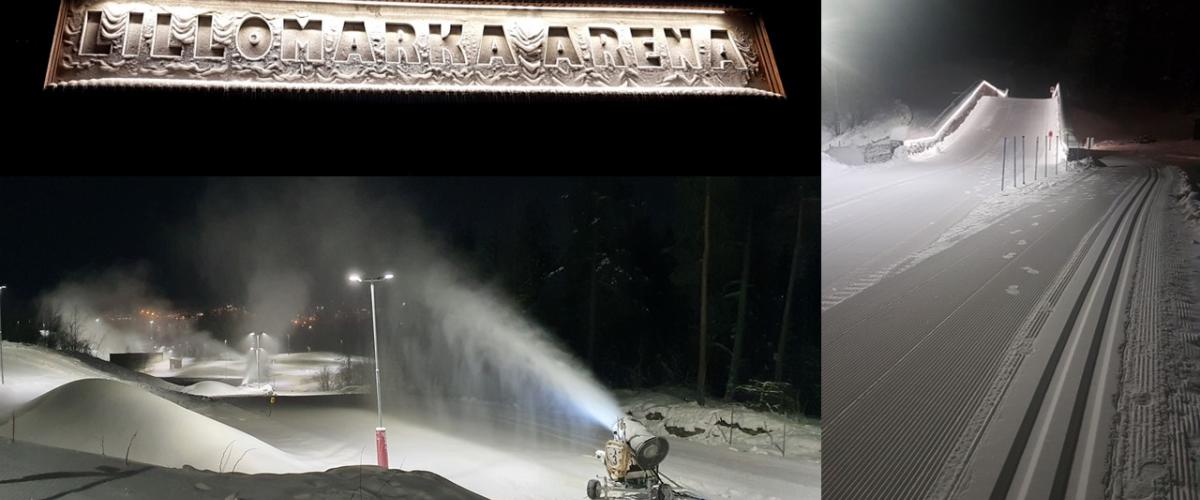 Tre bilder. Logo Lillomarka Arena. Snøproduksjon i skyløype. Skiløype opp bakke.