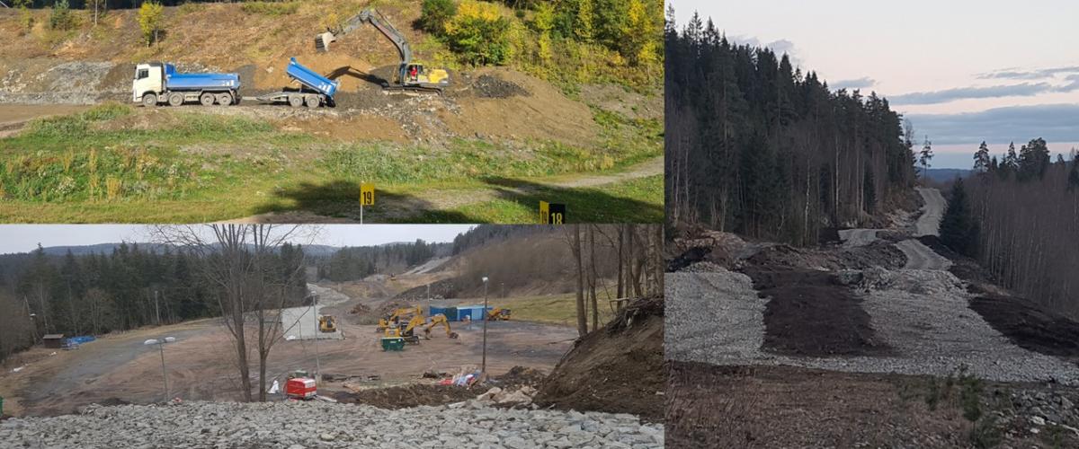 Tre bilder av bygging av rulleskiløype. 