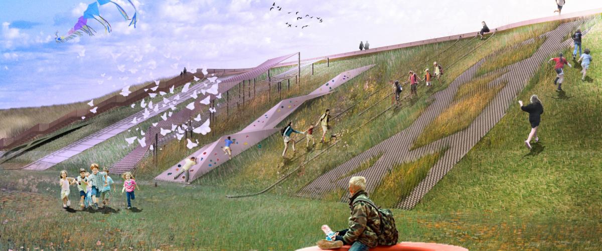 Prosjektet "En morsom omvei" har mål om nye og innovative elementer for mer egenorganisert aktivitet. Skjermdump fra Tverga.no Bilde som er redigert hvor en har plassert mange ulike elementer i en gressbakke.