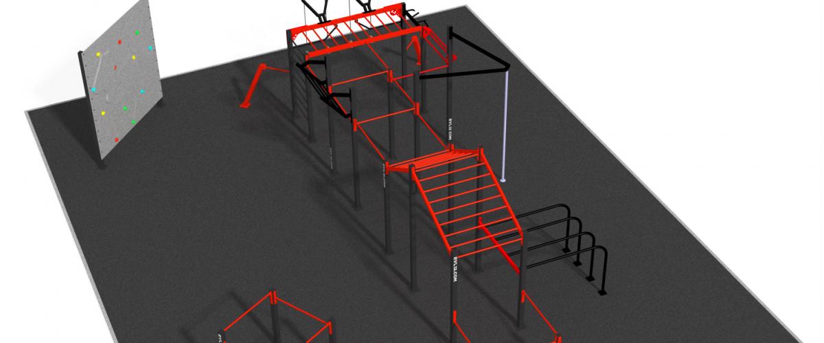 Dataanimasjon av klatrevegg og apparater i parken.