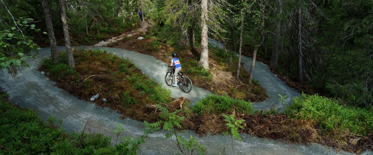 Terrengsyklist på vei opp Olalia i Nilsbyen terrengsykkelpark.