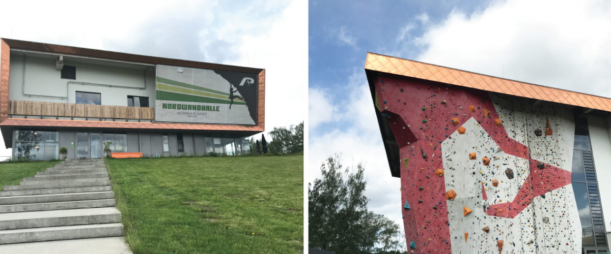 To bilder. Fasade av klatreanlegg og nærbilde av utvendig klatrevegg.