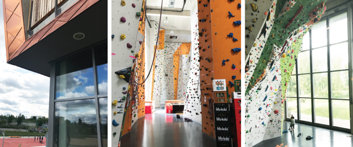 Tre bilder. Utside av klatrehall, samt innside med klatrevegger.