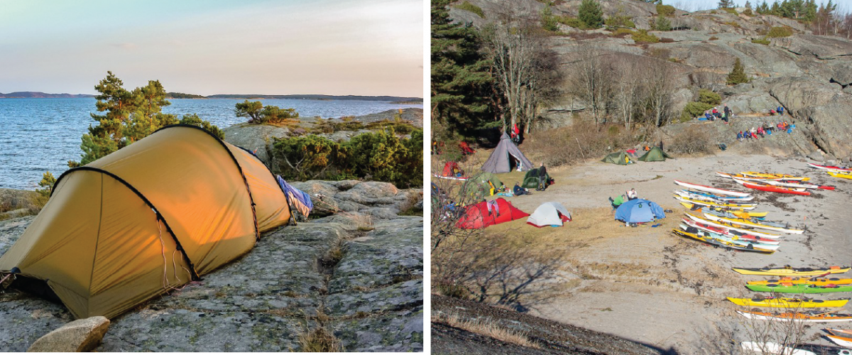 Til venstre: Telt ved stranden. Til høyre: Samling av kajakker i strandkanten