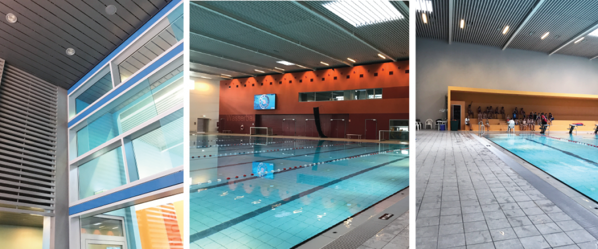Tre bilder. Innside av svømmehall, med basseng. 