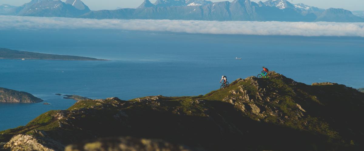Sykkelsti på fjellet. Fjord og fjell i bakgrunnen.