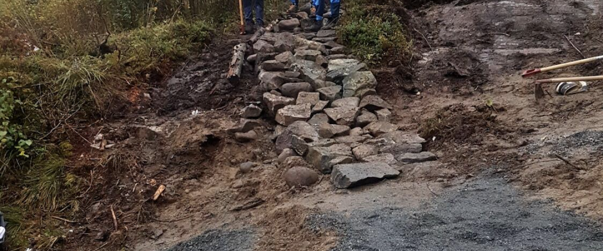 I tillegg til å utnytte terrenget, har sykkelmiljøet i Nes også bygget såkalte "rockgardens"- en kunstig steinur for ekstra utfordring. Foto: Nes Ski og Sykkelanlegg Bilde av en steingård, som vil si mange steiner lagt som en kunstig steinur.