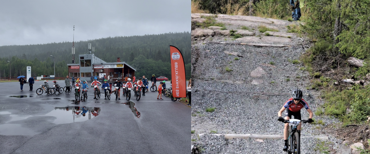 Nes Ski- og Sykkelanlegg innbyr til sykkelaktiviteter for både små og store. Asfaltområdene brukes særlig mye av de mindre gruppene. Foto: Nes Ski og Sykkelanlegg Bilde av både små barn som står oppstilt på asfalten men også en rytter i opparbeidede nedoverbakker