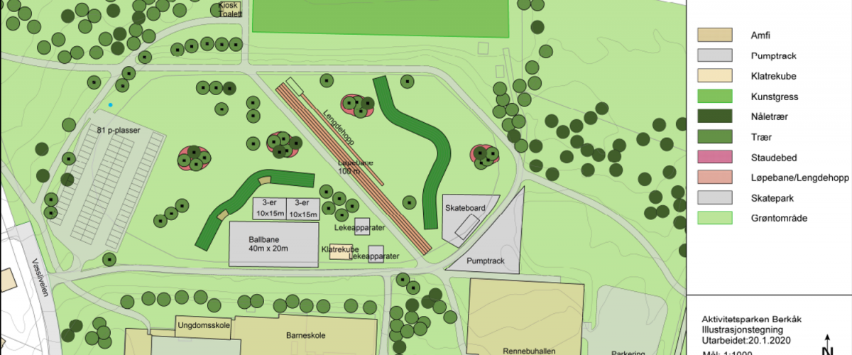 Planskisse som viser anlegget i midt mellom skole og stor kunstgressbane.