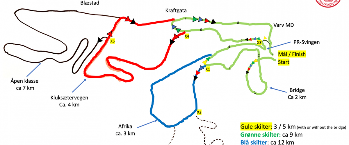 Løypenett for fargeblinde i Gåsebu hundekjøreranlegg. Foto: Hamar Trekkhundklubb. Løypenett for fargeblinde Gåsebu hundekjøreranlegg