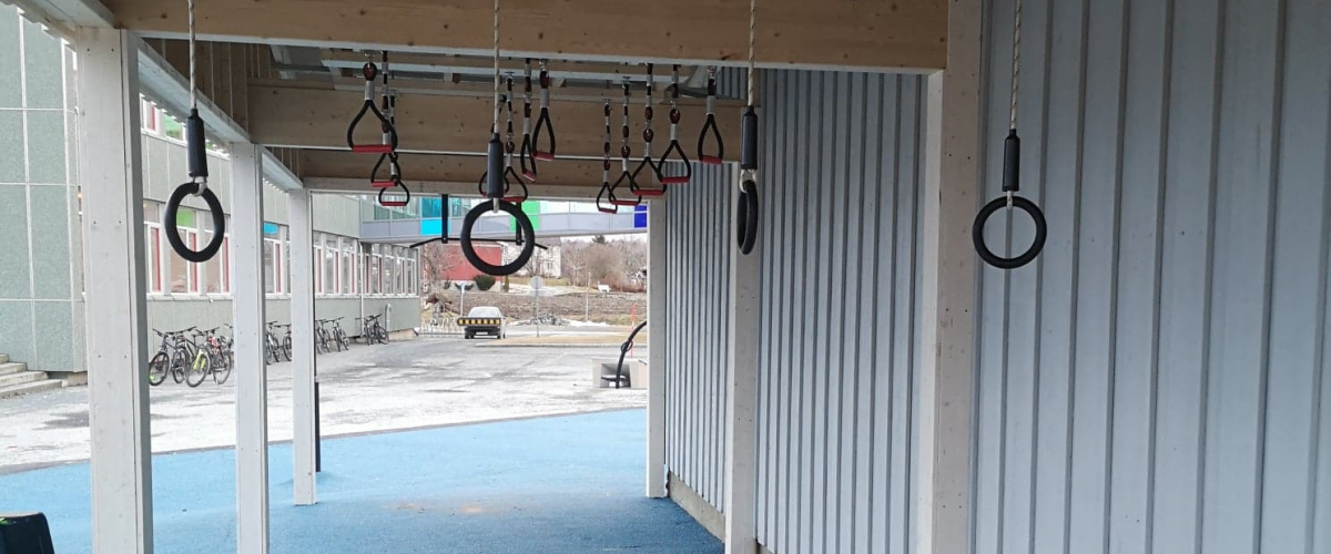 Turnringer og hangups-stang i leskur forbundet med Skognhallen