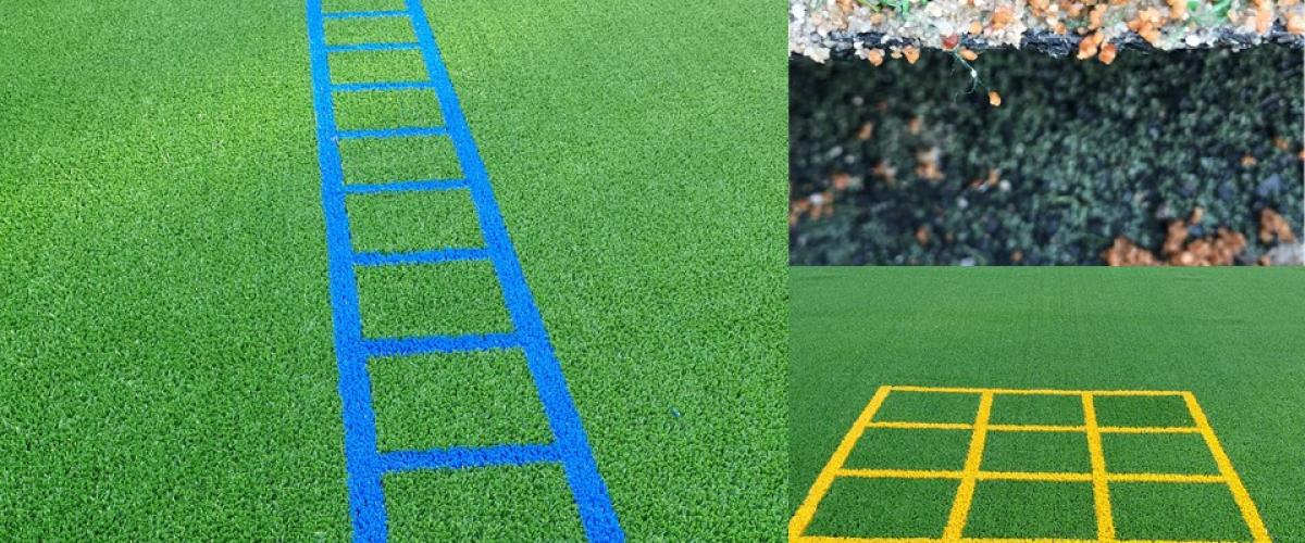 Kollasj med  spennende mønster på banen og lagdelingen av kunstgresset