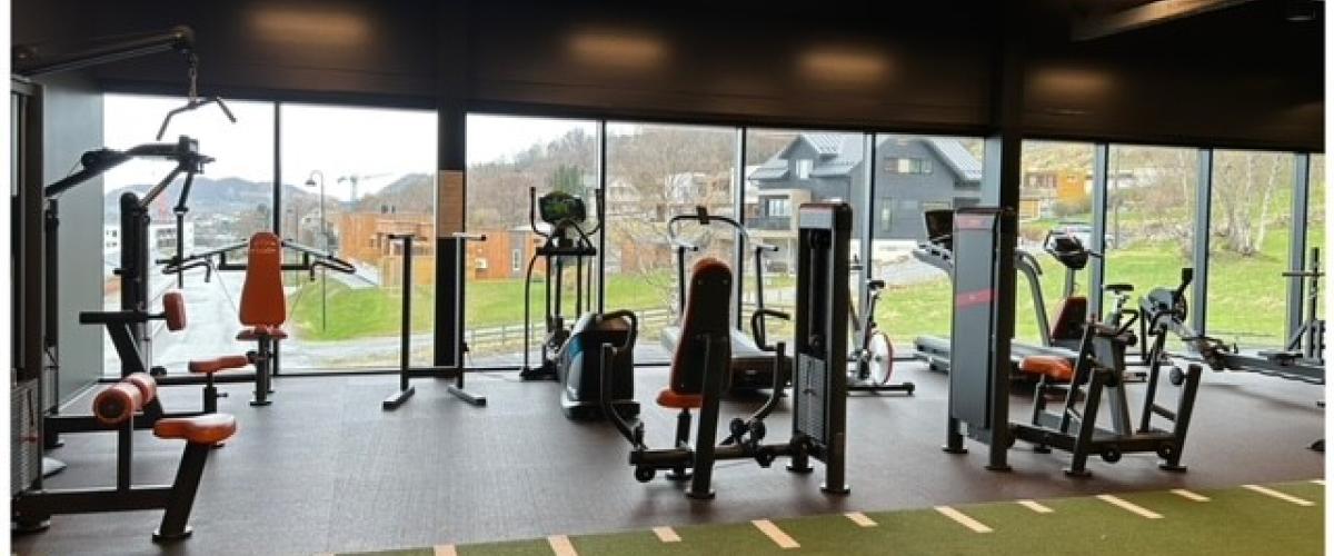 Viser tre bilder av treningsrommet med tilhørende apparater. 