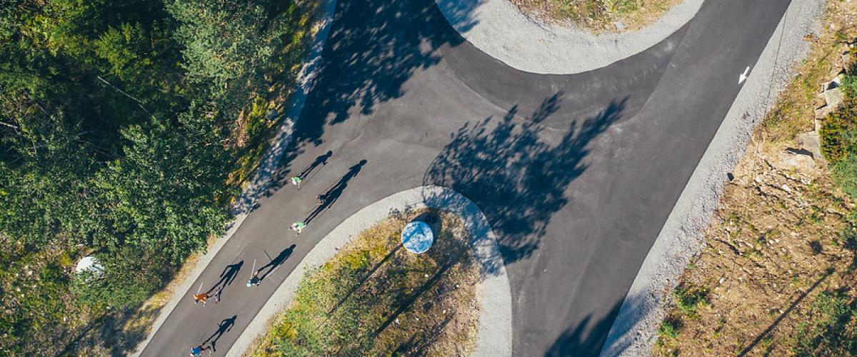Deler av langrennsløypene har blitt utviklet for bruk som rulleskiløyper sommerstid. Foto: VSA Rulleskitraseen sett ovenfra