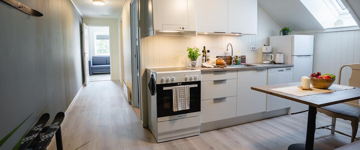 VSA har satset hardt på overnattingsmuligheter for å lokke til seg tilreisende, f.eks. klubber på treningssamling. Foto: VSA. Utleieleilighet med kjøkken, sofa og en større gang
