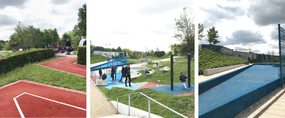 Tre bilder av aktivitetspark, med baner og apparater