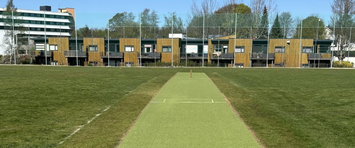 Bilde viser cricketbanen av kunstdekke som ligger midt på en gressbane, med bygninger og nettgjerde i bakgrunnen.