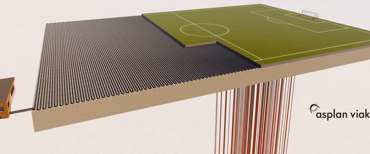 Illustrasjon av kunstgressbane med oppvarming av geotermos