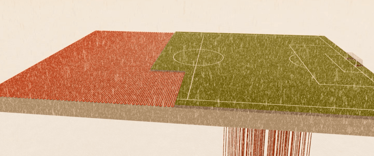 Kunstgressbanen blir varmet opp om vinteren ved hjelp av varme lagret fra sommeren. Illustrasjon: Asplan Viak Illustrasjon av kunstgressbane om vinteren med oppvarming av geotermos