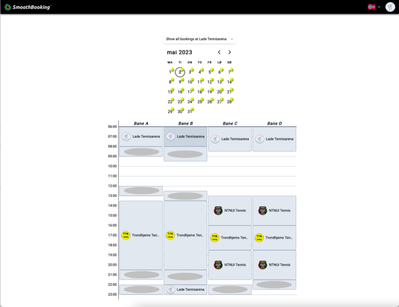Oversikt over hvem som har booket baner til hvilken tid.