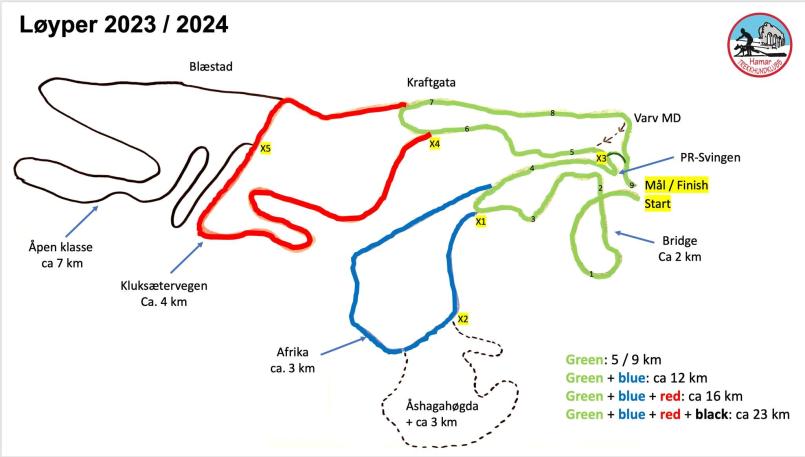 Bilde av løypenettet ved Gåsbu hundekjøreranlegg, anlegget har både grønn, blå, rød og svart løype fra 3 til 23 km. 