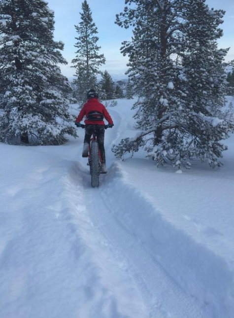 Fatbike på løype i vinterdekt landskap