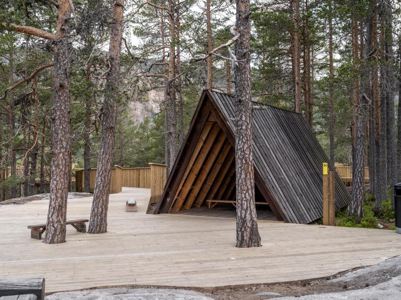 Plassbygd platting og gapahuk i furuskog