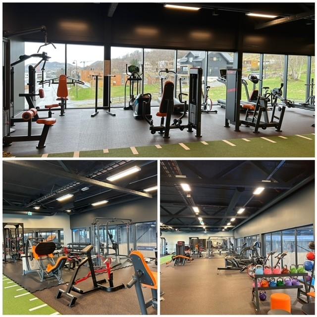 Viser tre bilder av treningsrommet med tilhørende apparater. 