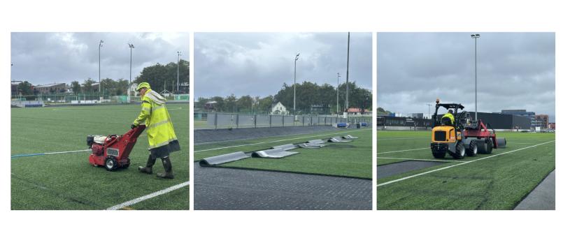 Tre bilder av prosessen for opprulling av kunstgress. 